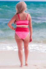 'Hotspot' Hot Pink Colorblock High Waist Swimsuit-You can never have enough relaxed white tees! This boyfriend style fit is perfectly oversized and ready for everyday!-Cali Moon Boutique, Plainville Connecticut