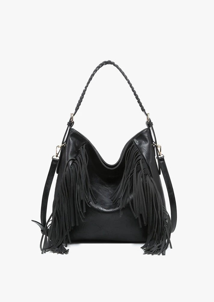 Black Distressed Faux Leather Fringe Detail Hobo Bag-This gorgeous black slouchy hobo bag has a big city meets small town vibe! The luxurious soft faux leather has a vintage distressed feel and you will love every single detail on this including the braided strap and fringe details. An instant add to cart moment!
-Cali Moon Boutique, Plainville Connecticut