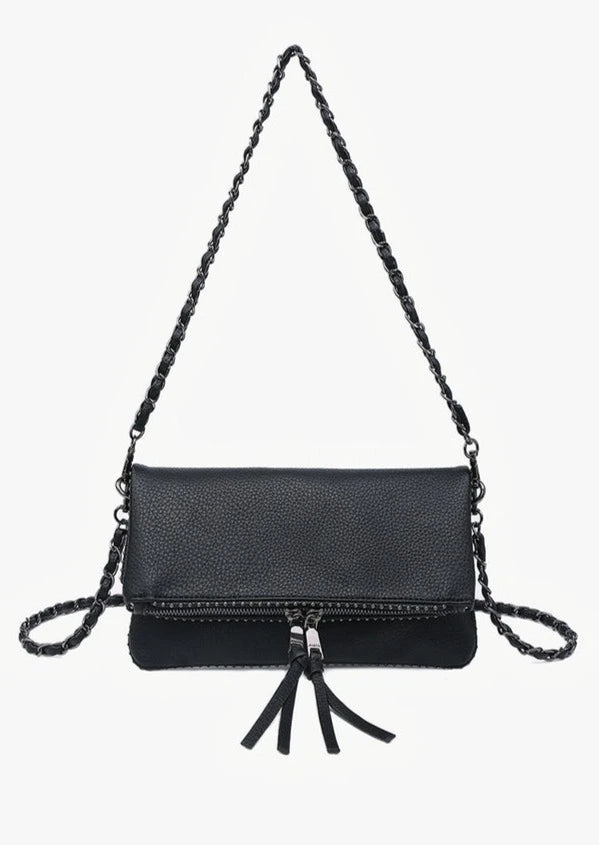 Black Studded Chainlink Faux Leather Crossbody Handbag-<p>This ultra chic black faux leather handbag comes with TWO chainlink straps so you can wear the bag multiple ways to compliment your different outfits/moods. You can also remove the straps to wear as a clutch! This bags looks and feels like a million bucks!</p>
<p>&nbsp;</p>-Cali Moon Boutique, Plainville Connecticut