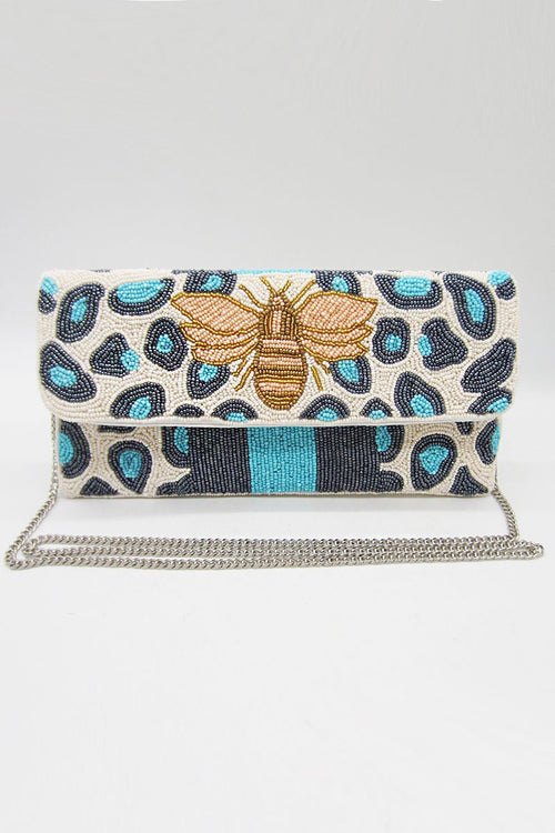 Blue Leopard & Bee Seed Bead Handbag-Stand out from the crowd with this unique leopard and bee handbag made with seed beads and can be worn as a crossbody, shoulder bag or clutch!-Cali Moon Boutique, Plainville Connecticut