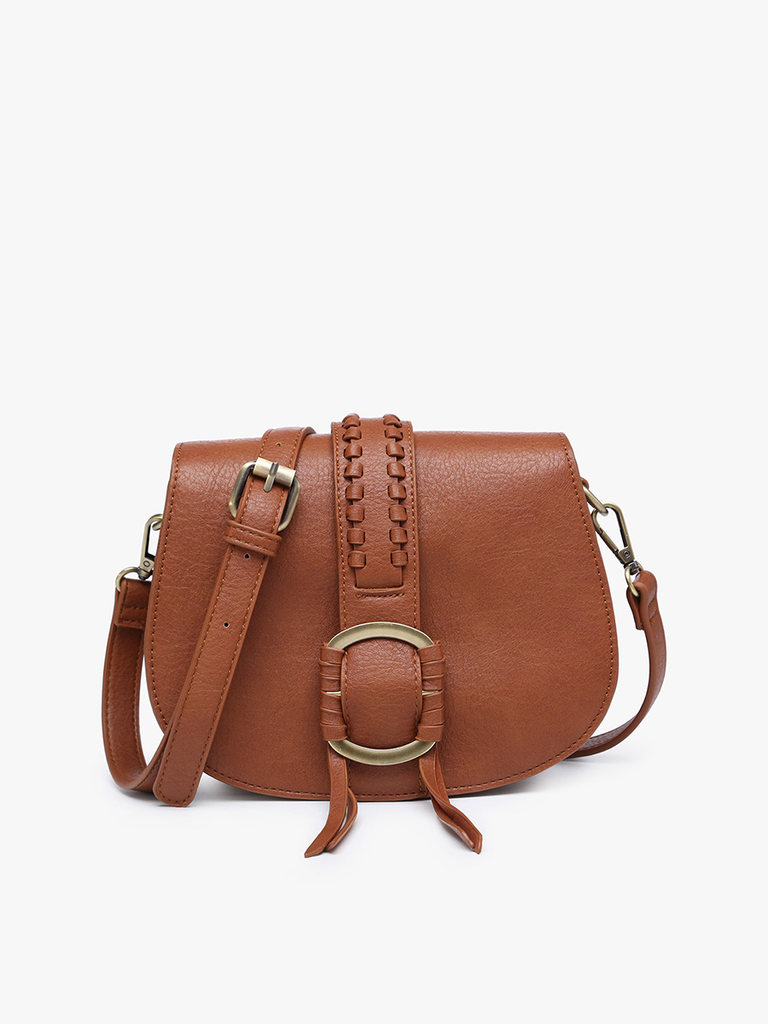 Cognac Braided Front Saddle Crossbody Bag-This crossbody is small enough to comfortably wear all day with enough space for all your must haves. Plus, it's ultra cute & chic in a neutral color that will match with so many outfits! -Cali Moon Boutique, Plainville Connecticut