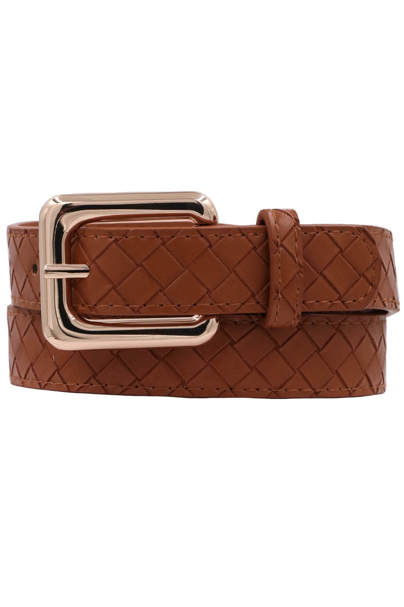 Cognac Weave Pattern Faux Leather Belt-Cali Moon Boutique, Plainville Connecticut