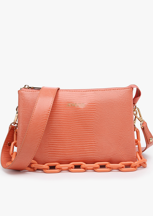 Hot Coral Textured Faux Leather Crossbody with Chain Link Strap-Hot Coral Textured Faux Leather Crossbody with Chain Link Strap-Cali Moon Boutique, Plainville Connecticut