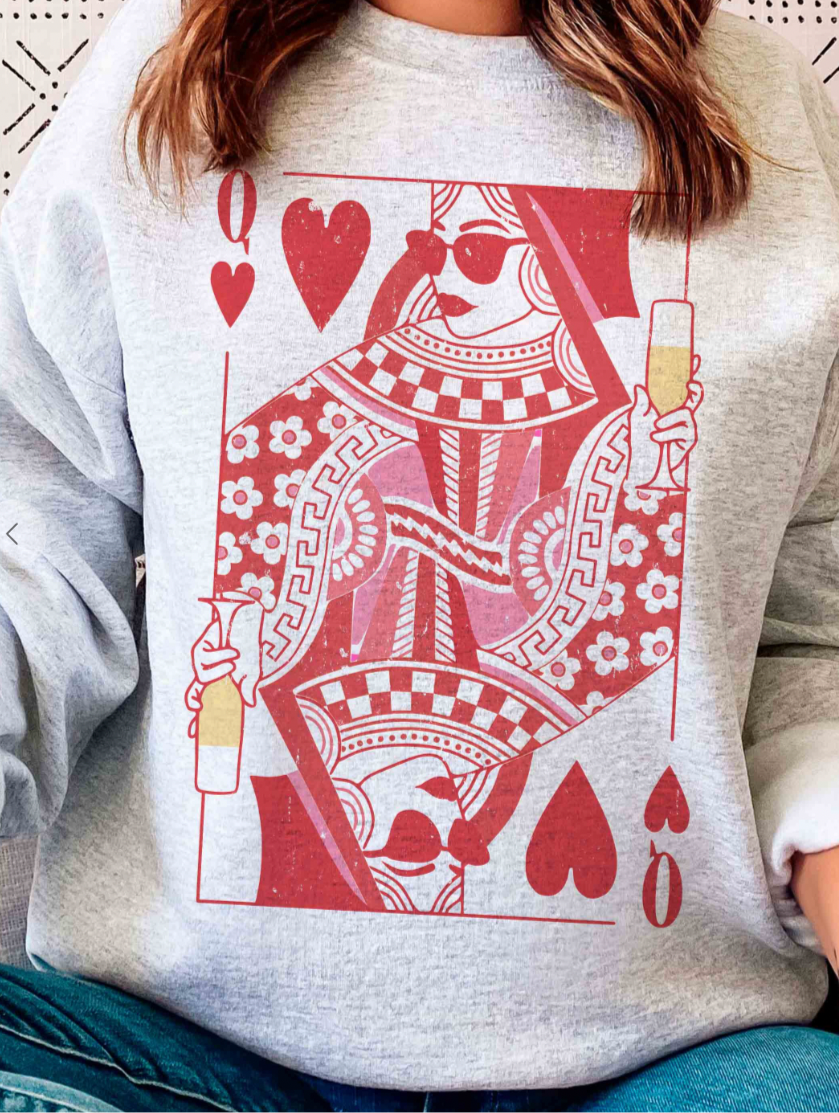 **PRE-ORDER** "Queen of Hearts Happy Hour" Ash Gray Sweatshirt-This Queen of Hearts is ready for your fav brunch or happy hour with her sunglasses and glass of champagne! The 2025 fun version of the Queen!&nbsp;-Cali Moon Boutique, Plainville Connecticut