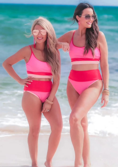 'Hotspot' Hot Pink Colorblock High Waist Swimsuit-You can never have enough relaxed white tees! This boyfriend style fit is perfectly oversized and ready for everyday!-Cali Moon Boutique, Plainville Connecticut