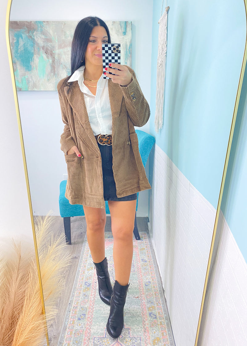 'Coffee Date' Mocha Corduroy Boyfriend Fit Blazer-This gorg sweater is a heavyweight fabric that drapes perfectly for a slouchy silhouette. The rich deep camel color is perfect for your Fall 'fits styled with jeans/leggings/skirts etc.-Cali Moon Boutique, Plainville Connecticut