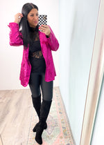 'Jem' Fuchsia Sequin Boyfriend Blazer-She's not like the others! This fuchsia all sequin blazer is a striking stand out that will attract all the compliments and be the envy of the onlookers! A year round piece...wear in the Fall/Winter with leggings or jeans for nights out and Holiday parties. Wear in the Summer with jean shorts & cowboy boots! -Cali Moon Boutique, Plainville Connecticut
