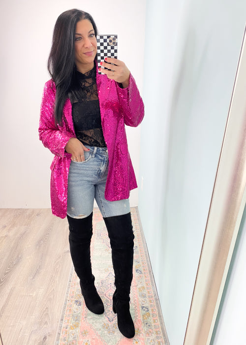 'Jem' Fuchsia Sequin Boyfriend Blazer-She's not like the others! This fuchsia all sequin blazer is a striking stand out that will attract all the compliments and be the envy of the onlookers! A year round piece...wear in the Fall/Winter with leggings or jeans for nights out and Holiday parties. Wear in the Summer with jean shorts & cowboy boots! -Cali Moon Boutique, Plainville Connecticut