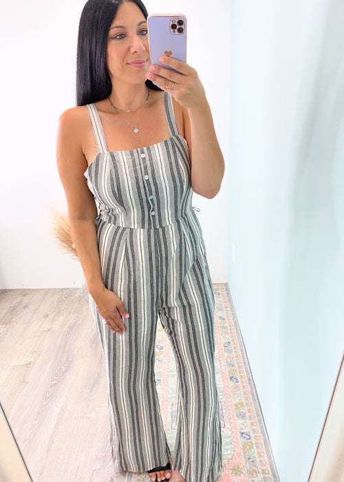 'Pacific Palisades' Gray & White Stripe Boho Wide Leg Jumpsuit-This lightweight boho jumpsuit is so easy to throw on all while making you look adorable and keeping you comfortable! You will love the classic gray and white combo, the relaxed fit throughout and the wide leg style!-Cali Moon Boutique, Plainville Connecticut
