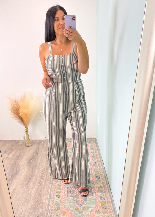 'Pacific Palisades' Gray & White Stripe Boho Wide Leg Jumpsuit-This lightweight boho jumpsuit is so easy to throw on all while making you look adorable and keeping you comfortable! You will love the classic gray and white combo, the relaxed fit throughout and the wide leg style!-Cali Moon Boutique, Plainville Connecticut