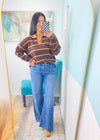 'Half Baked' Mocha & Camel Stripe Polo Sweater-Not like the other sweaters! This sweater features a classic New England style polo style collared notch neck design with varsity stripe trims &amp; a classic stripe body all in a soft sweater fabric.-Cali Moon Boutique, Plainville Connecticut