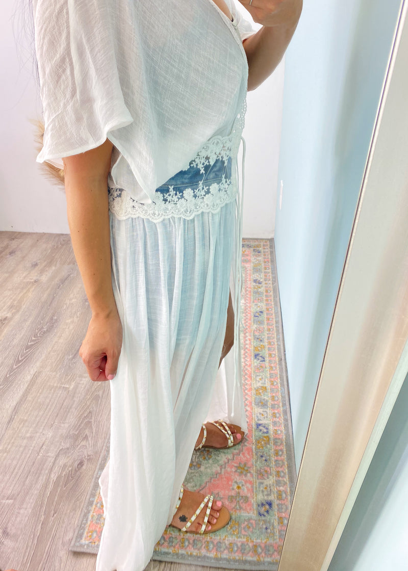 'La La Land' White Lace & Crochet Duster-This white duster with lace and crochet detailing is giving all the boho vibes! Wear this beautiful duster over your favorite Summer outfit for an instant outfit elevation or wear over your bathing suit for a chic look.-Cali Moon Boutique, Plainville Connecticut