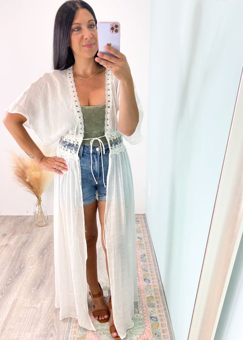 'La La Land' White Lace & Crochet Duster-This white duster with lace and crochet detailing is giving all the boho vibes! Wear this beautiful duster over your favorite Summer outfit for an instant outfit elevation or wear over your bathing suit for a chic look.-Cali Moon Boutique, Plainville Connecticut