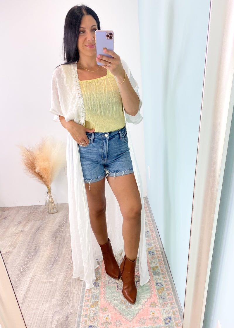 'The Strand' Lemon Shirred Babydoll Tank Top-This lemon color relaxed babydoll top is so comfortable to wear all day/night! Pairs well with shorts and long denim. Pair with white denim for an effortlessly breezy Summer look. -Cali Moon Boutique, Plainville Connecticut