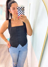 'Straight to the Point' Black Square Neck Vest-This square neck black vest is work ready and out for fun ready! Wear it all year alone or layered with tank, short and long sleeves. Super chic to wear with jeans and strappy heels, jean shorts in the summer and work pants for the office. -Cali Moon Boutique, Plainville Connecticut