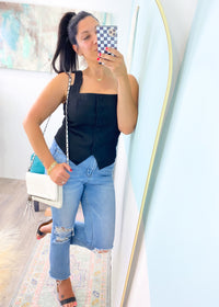 'Straight to the Point' Black Square Neck Vest-This square neck black vest is work ready and out for fun ready! Wear it all year alone or layered with tank, short and long sleeves. Super chic to wear with jeans and strappy heels, jean shorts in the summer and work pants for the office. -Cali Moon Boutique, Plainville Connecticut