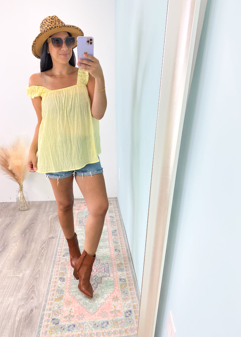 'The Strand' Lemon Shirred Babydoll Tank Top-This lemon color relaxed babydoll top is so comfortable to wear all day/night! Pairs well with shorts and long denim. Pair with white denim for an effortlessly breezy Summer look. -Cali Moon Boutique, Plainville Connecticut