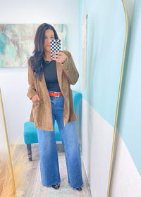 'Coffee Date' Mocha Corduroy Boyfriend Fit Blazer-This gorg sweater is a heavyweight fabric that drapes perfectly for a slouchy silhouette. The rich deep camel color is perfect for your Fall 'fits styled with jeans/leggings/skirts etc.-Cali Moon Boutique, Plainville Connecticut