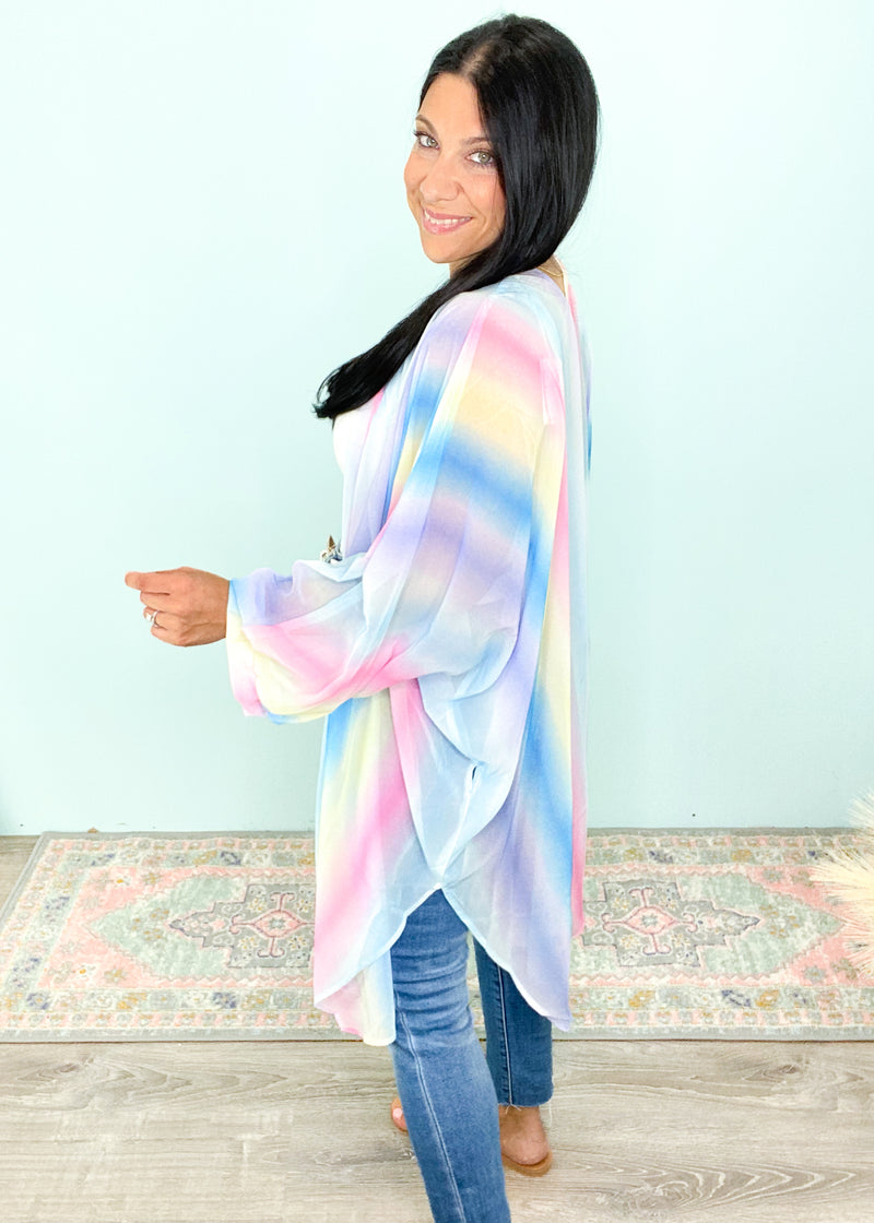 'Gold Coast' Ombre Pastel Watercolor Kimono Coverup-This pastel watercolor kimono has the most gorgeous color combination to compliment it's lightweight breezy silhouette! Wear over your Summer outfits or over a bathing suit.-Cali Moon Boutique, Plainville Connecticut