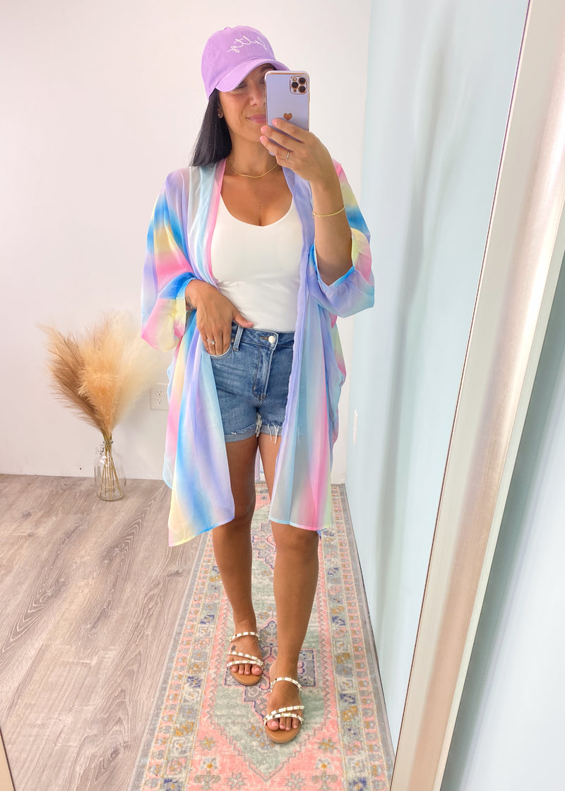 'Gold Coast' Ombre Pastel Watercolor Kimono Coverup-This pastel watercolor kimono has the most gorgeous color combination to compliment it's lightweight breezy silhouette! Wear over your Summer outfits or over a bathing suit.-Cali Moon Boutique, Plainville Connecticut