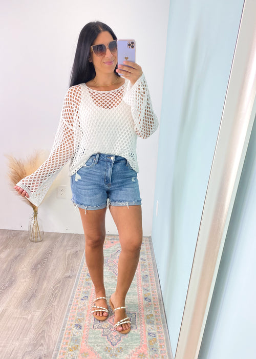 'Redondo' Off White Open Crochet Mesh Bell Sleeve Top-This off white open crochet tops is so chic with bell sleeves and a relaxed beachy breezy look! Pair with any denim or non denim bottoms for nights out and for beach days!-Cali Moon Boutique, Plainville Connecticut