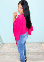 'Hermosa' Deep Hot Pink Tie Front Kimono Sleeve Top-This tie front top adds a pop of color and style to any outfit! Looks great paired over printed and solid color tops, bandeaus and bralettes! Also can be worn over your bathing suit for a flowy boho look.-Cali Moon Boutique, Plainville Connecticut