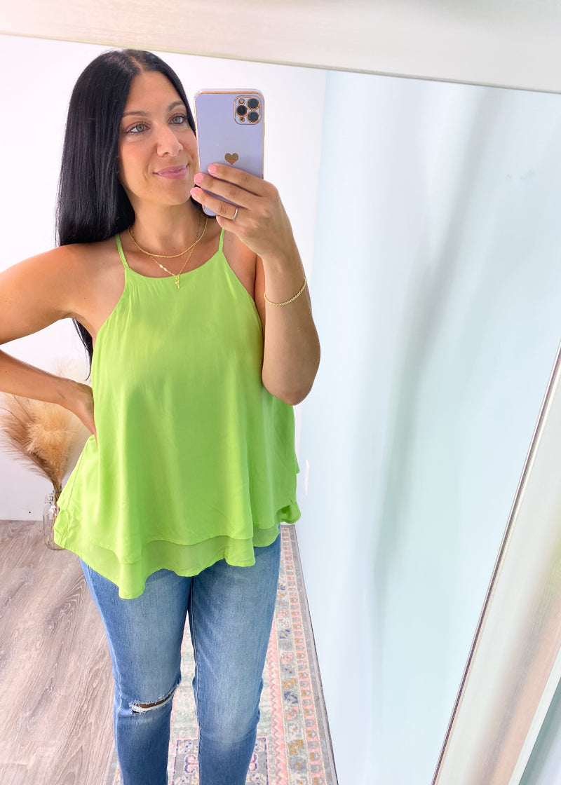 'Modern Day Muse' Lime Double Layer Halter Neck Swing Tank-A classic black halter tank top in a super lightweight fabric with a double layer that looks cute tucked in or out! The halter top style adds a fun look for layered necklaces or statement earrings!-Cali Moon Boutique, Plainville Connecticut