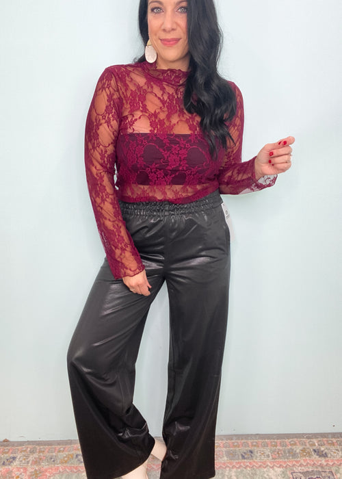 'Delicate Love' Deep Burgundy Ruffle Trim Sheer Lace Top-Grab the layering piece of the season! This sheer lace top in a gorgeous deep burgundy can be worn under anything from sweaters, vests and blazers to dresses & jumpsuits! Wear all year! -Cali Moon Boutique, Plainville Connecticut