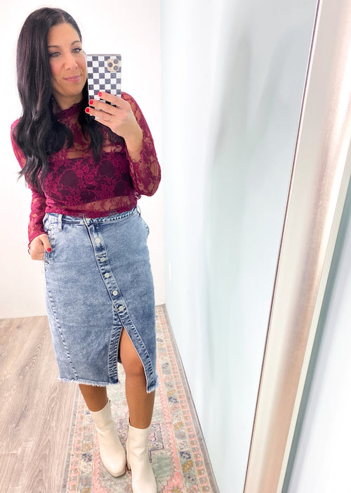 'Delicate Love' Deep Burgundy Ruffle Trim Sheer Lace Top-Grab the layering piece of the season! This sheer lace top in a gorgeous deep burgundy can be worn under anything from sweaters, vests and blazers to dresses & jumpsuits! Wear all year! -Cali Moon Boutique, Plainville Connecticut