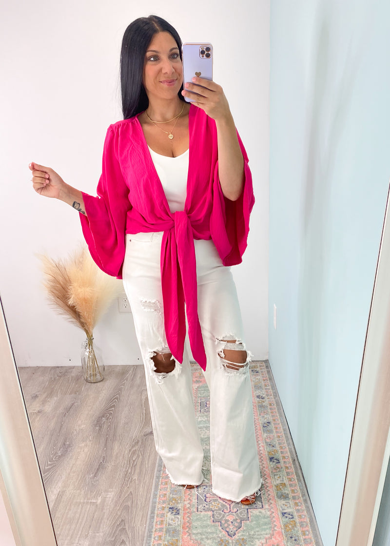 'Hermosa' Deep Hot Pink Tie Front Kimono Sleeve Top-This tie front top adds a pop of color and style to any outfit! Looks great paired over printed and solid color tops, bandeaus and bralettes! Also can be worn over your bathing suit for a flowy boho look.-Cali Moon Boutique, Plainville Connecticut