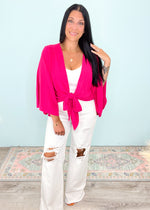 'Hermosa' Deep Hot Pink Tie Front Kimono Sleeve Top-This tie front top adds a pop of color and style to any outfit! Looks great paired over printed and solid color tops, bandeaus and bralettes! Also can be worn over your bathing suit for a flowy boho look.-Cali Moon Boutique, Plainville Connecticut