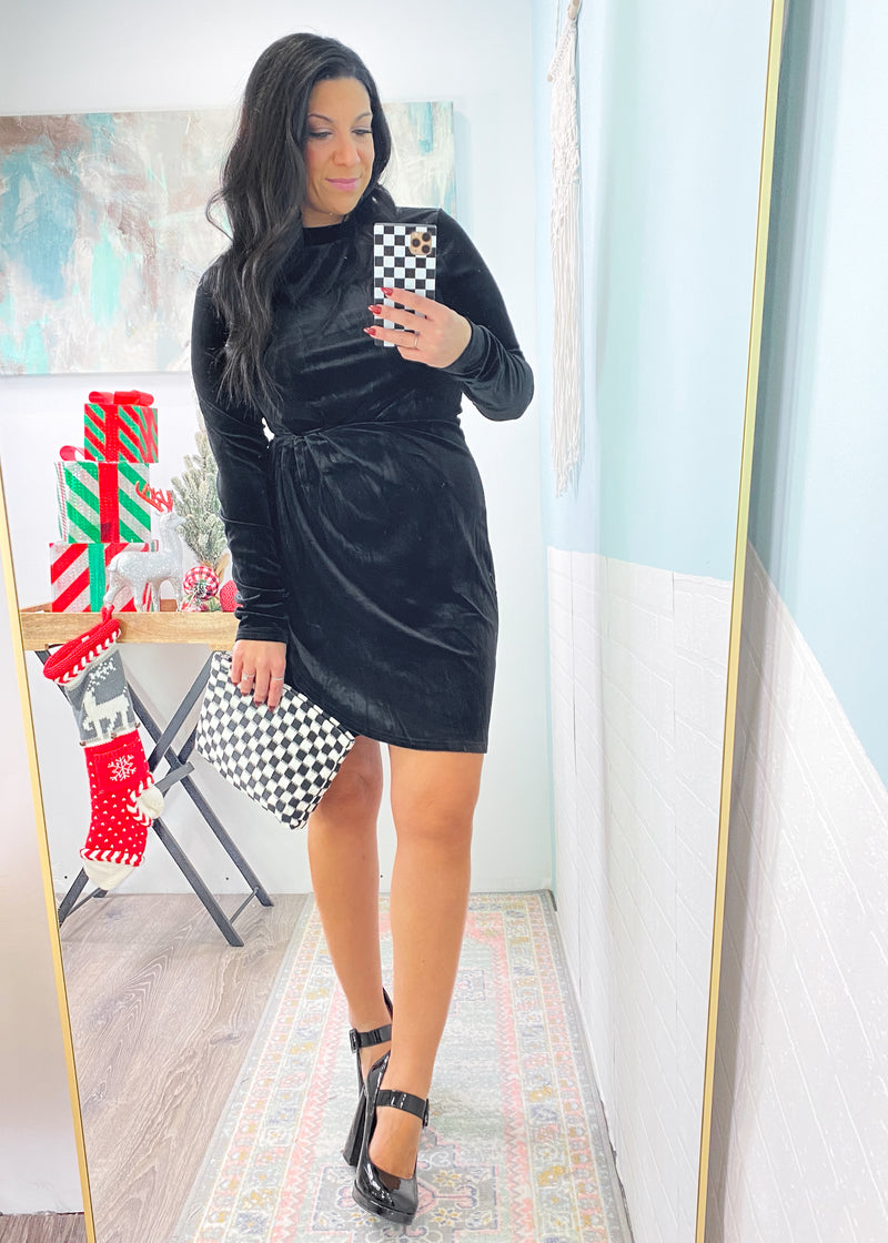 'Midnight Warrior' Black Velvet Mock Neck Wrap Mini Dress-This super flattering and equally comfortable velvet wrap dress is ready for your holiday parties and Fall/Winter weddings!-Cali Moon Boutique, Plainville Connecticut