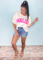 'Malibu' Oversized Semi Cropped Graphic Tee Shirt-Channeling warm weather and waves! This short sleeve cropped graphic tee is simple but adorable! It has a super soft cotton fabric with a Malibu graphic in Hot Pink. It's a semi crop silhouette and looks so cute with high waist jeans & comfy joggers! A perfect throw on and go tee!-Cali Moon Boutique, Plainville Connecticut