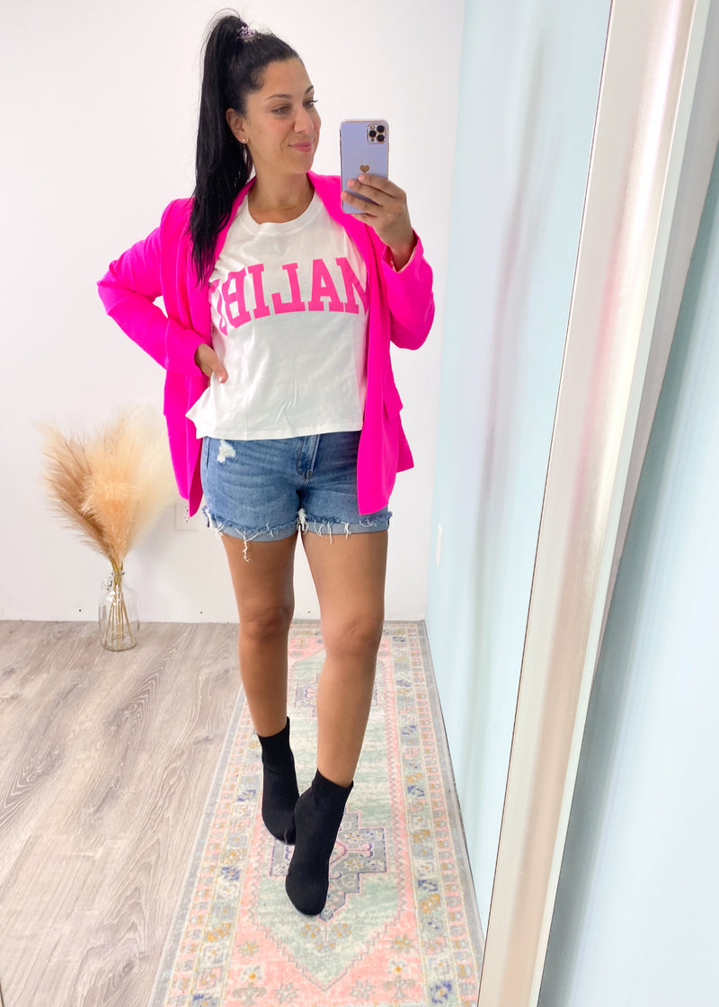 'Malibu' Oversized Semi Cropped Graphic Tee Shirt-Channeling warm weather and waves! This short sleeve cropped graphic tee is simple but adorable! It has a super soft cotton fabric with a Malibu graphic in Hot Pink. It's a semi crop silhouette and looks so cute with high waist jeans & comfy joggers! A perfect throw on and go tee!-Cali Moon Boutique, Plainville Connecticut