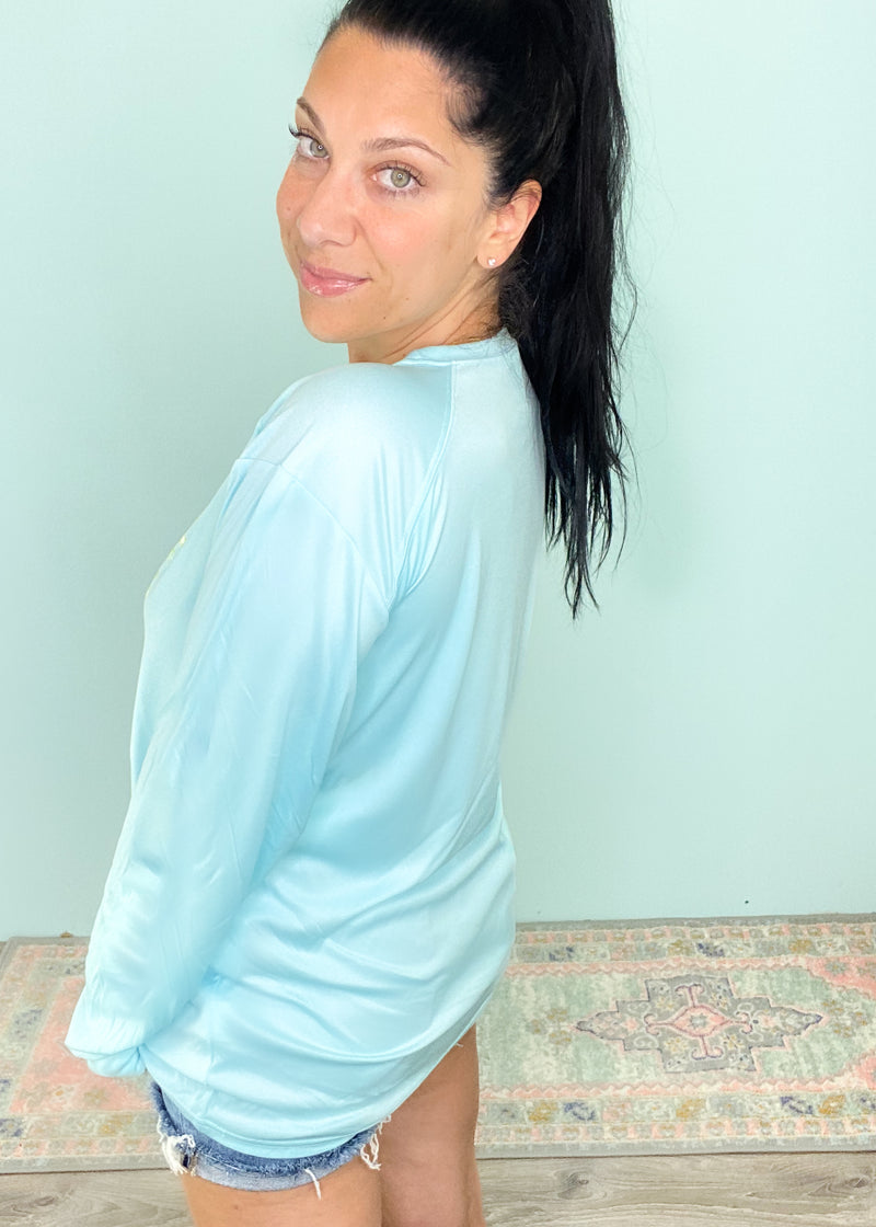 Aqua 'Gingham Palm Tree' UPF 50+ Swim & Sun Long Sleeve Top-Made with UPF 50+(Ultraviolet Protection Factor), this top is designed to protect 98% of the sun's rays. UPF measures both UVB and UVA rays( while SPF measures only UVB). Not to mention the adorable gingham printed palm tree & gorgeous aqua or coral colors to choose from! Yass Beach!-Cali Moon Boutique, Plainville Connecticut
