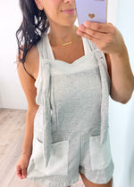 'Over the Moon' Heather Gray French Terry Shortalls-We are over the moon for these french terry shortalls! The overall romper you need and will want to live your Spring, Summer and early Fall days in! Features a super soft french terry fabric with adjustable and oh so cute knotted detail straps.-Cali Moon Boutique, Plainville Connecticut