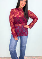 'Delicate Love' Deep Burgundy Ruffle Trim Sheer Lace Top-Grab the layering piece of the season! This sheer lace top in a gorgeous deep burgundy can be worn under anything from sweaters, vests and blazers to dresses & jumpsuits! Wear all year! -Cali Moon Boutique, Plainville Connecticut