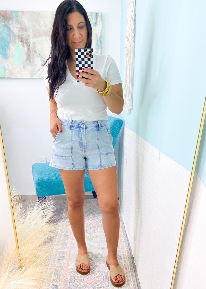 'Jordyn' Light Mineral Wash Stretch Jean Shorts-These light washed, super stretchy jean shorts have a brushed fabric giving them a worn in feel and fit! Comfy with the perfect Summer shade to match with any and all colors!-Cali Moon Boutique, Plainville Connecticut