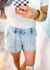 'Jordyn' Light Mineral Wash Stretch Jean Shorts-These light washed, super stretchy jean shorts have a brushed fabric giving them a worn in feel and fit! Comfy with the perfect Summer shade to match with any and all colors!-Cali Moon Boutique, Plainville Connecticut