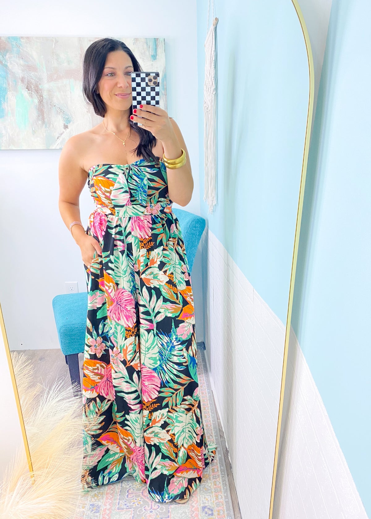 'Island Breeze' Sweetheart Neck Strapless Tropical Floral Jumpsuit-Prepare to fall in love with this stunning tropical print jumpsuit! It features a lightweight silky like fabric, super wide legs, sweetheart strapless neckline and smocked back. You will be the envy of the crowd, no doubt!-Cali Moon Boutique, Plainville Connecticut