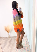 'Almost Famous' Ombre Multi Color Crochet Bell Sleeve Top-Oversized to perfection, this crochet top doubles as a swimsuit coverup or easy Summer top. The multicolor design does all the work for you! Throw on your favorite bottoms or bathingsuit and you are ready for the flashing lights! -Cali Moon Boutique, Plainville Connecticut