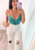 'Under the Sea' Teal Pearl & Rhinestone Embellished Bodysuit-Say no more! This pearl and rhinestone embellished bodysuit does all the talking for you! The most striking teal color with a sexy mesh frotn inset is sure to get you all the looks and all the compliments!-Cali Moon Boutique, Plainville Connecticut