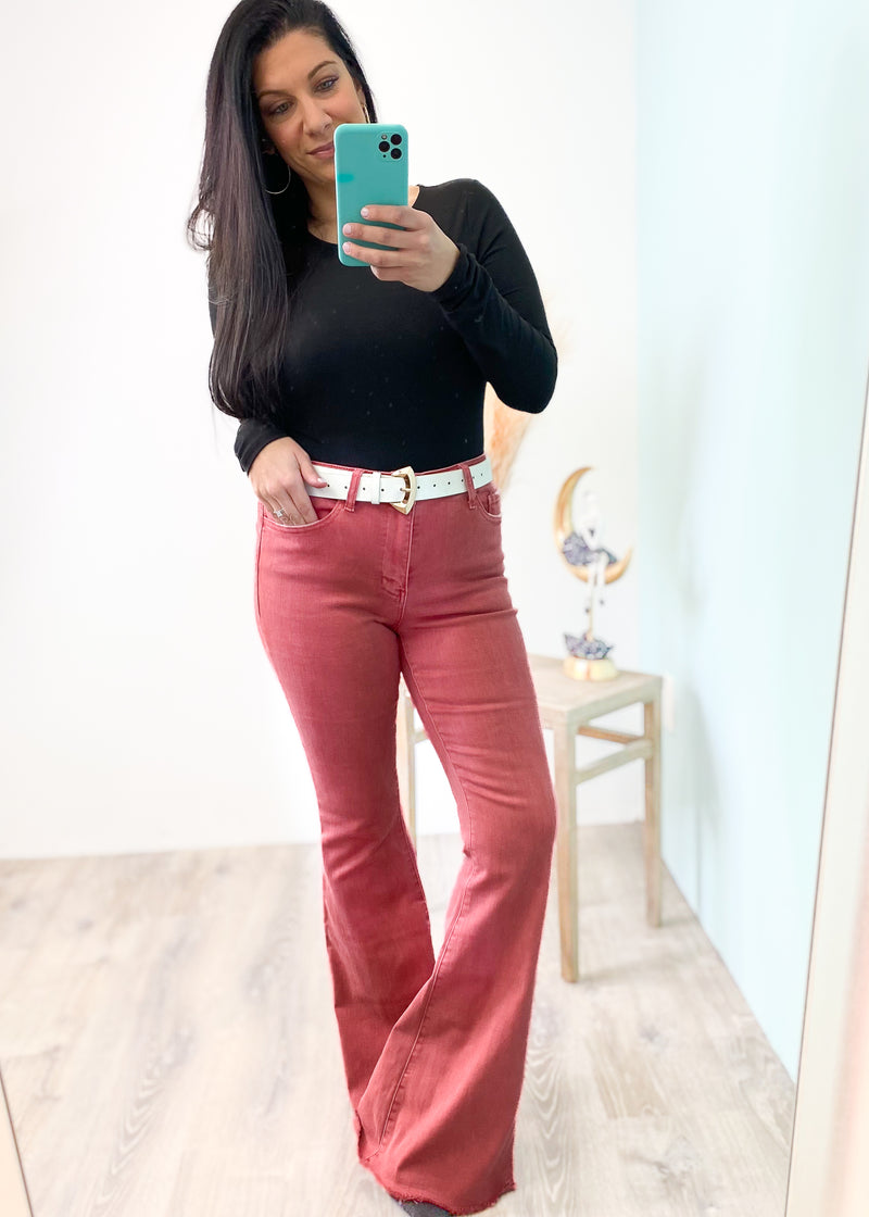 'Margot' Mineral Red High Waist Bell Bottoms-Cali Moon Boutique, Plainville Connecticut