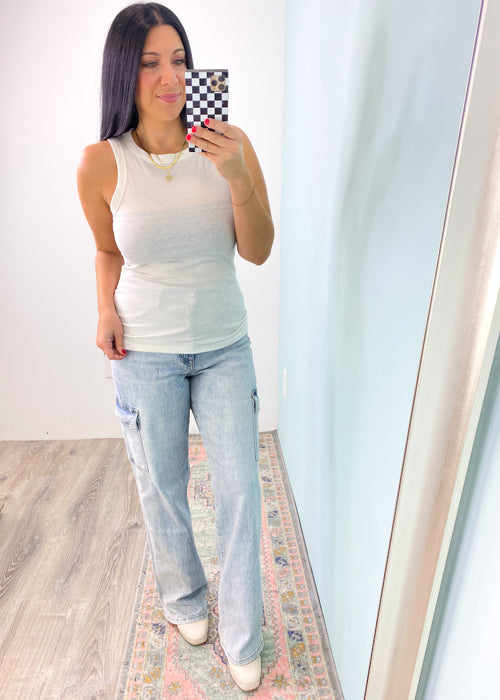 Off White Ribbed Fitted High Round Neck Tank-This tank is super fitted with a flattering vertical soft ribbed fabric. Wear it as a layer or on its own! The high round neck looks great with layered necklaces.-Cali Moon Boutique, Plainville Connecticut