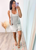 'Over the Moon' Heather Gray French Terry Shortalls-We are over the moon for these french terry shortalls! The overall romper you need and will want to live your Spring, Summer and early Fall days in! Features a super soft french terry fabric with adjustable and oh so cute knotted detail straps.-Cali Moon Boutique, Plainville Connecticut