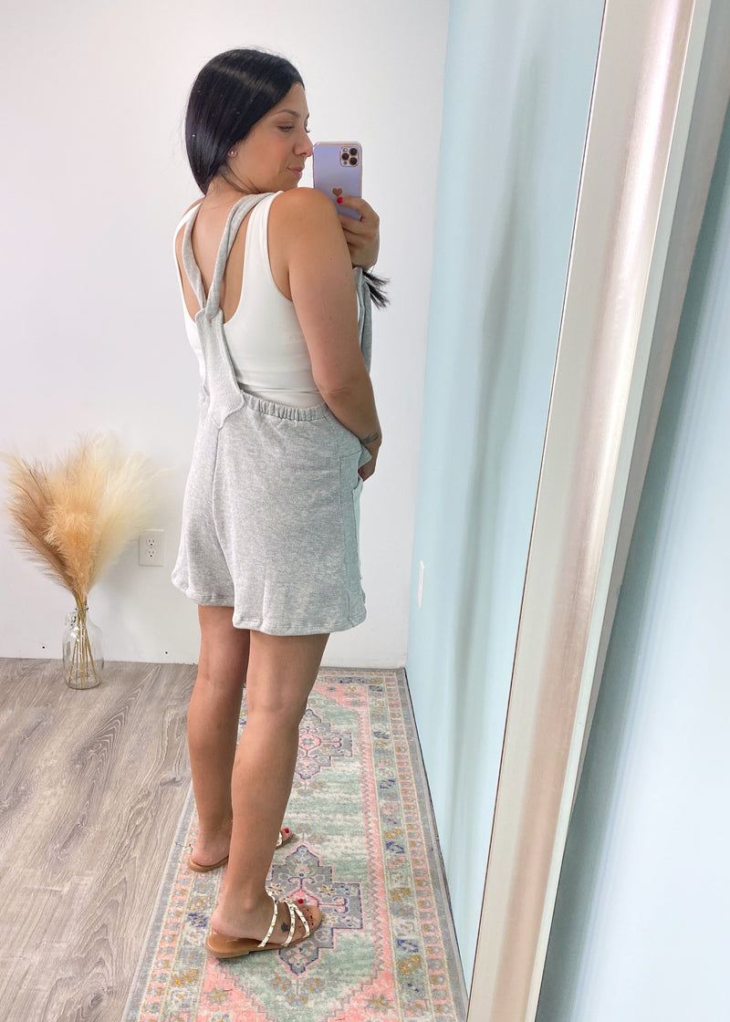 'Over the Moon' Heather Gray French Terry Shortalls-We are over the moon for these french terry shortalls! The overall romper you need and will want to live your Spring, Summer and early Fall days in! Features a super soft french terry fabric with adjustable and oh so cute knotted detail straps.-Cali Moon Boutique, Plainville Connecticut
