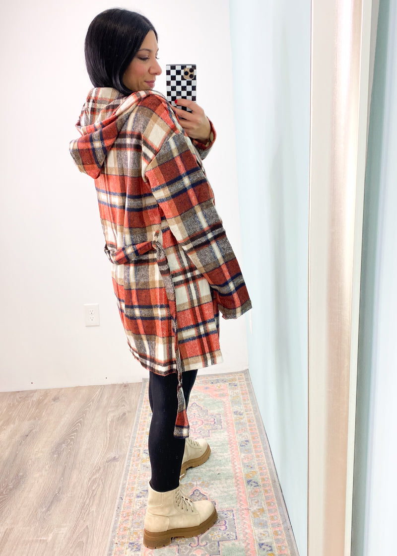 'Wrapped Up' Brushed Plaid Hooded Coatigan-The amazing combination of a brushed flannel, a beautiful color combo classic plaid, longer length, pockets & hood detail. There is nothing we don't love about this coatigan! -Cali Moon Boutique, Plainville Connecticut
