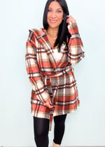 'Wrapped Up' Brushed Plaid Hooded Coatigan-The amazing combination of a brushed flannel, a beautiful color combo classic plaid, longer length, pockets & hood detail. There is nothing we don't love about this coatigan! -Cali Moon Boutique, Plainville Connecticut