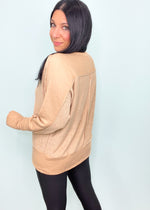 'Put it in Reverse' Taupe Reverse Terry Slouchy Top with Thumb Hole-So many details in this cozy top! A reverse french terry fabric body with equally soft banded trims. A slouchy fit & v-neck makes it such an easy piece to throw on for an everyday outfit.-Cali Moon Boutique, Plainville Connecticut