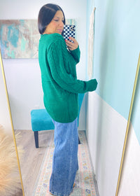 'Prancer' Hunter Green Notch V-Neck Oversized Cable Knit Sweater-A gorgeous Hunter Green sweater with a classic cable knit front &amp; notch v-neck adding extra detail!-Cali Moon Boutique, Plainville Connecticut